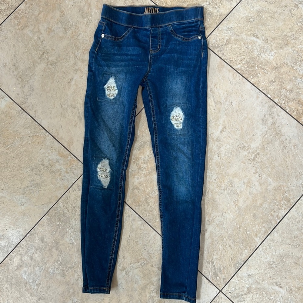 Justice denim leggings with glitter patches size 10